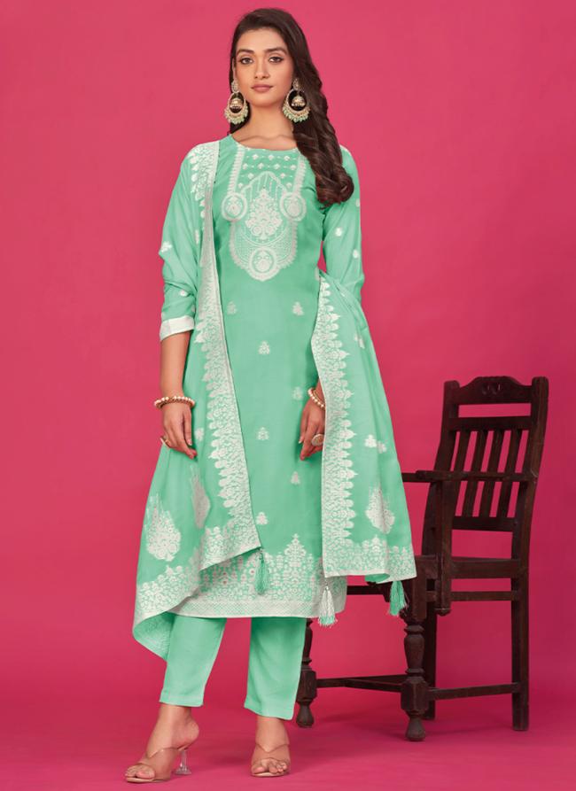 Pure Organza Teal Casual Wear Jacquard Work Straight Suit